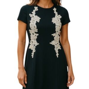ANNE KLEIN Dainty Dress Black White Lace Appliqué Sheath Midi Cap Sleeves Size 4